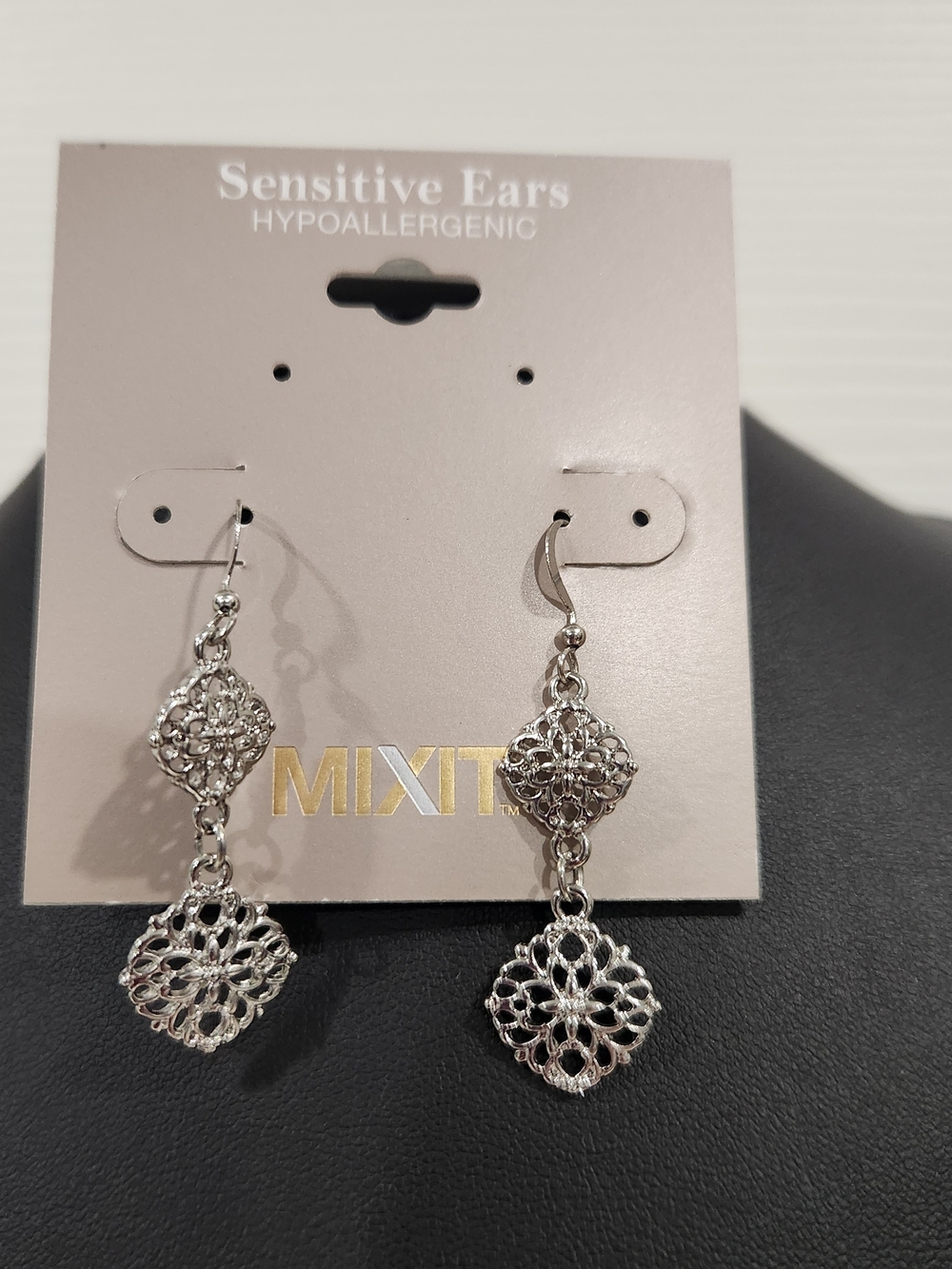 NWT Mixit Silver Filigree Double Drop Earrings Hypoallergenic Sensitive Ears